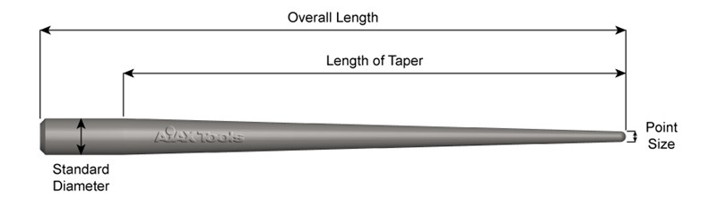 1-1/16" Diameter, Long taper Drift Pin, 5/16" Point Size, 8" Long 646